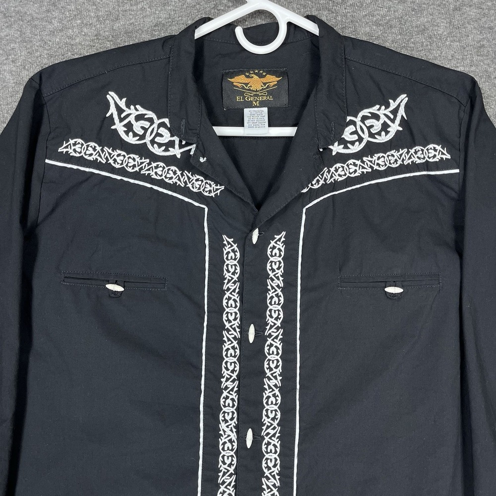 El General Shirt Mens Medium Black White Embroidered Rodeo Western Cowboy - Picture 2 of 10
